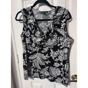 Lauren Ralph lauren Womens Sleeveless Blouse Tank 1X Black White Floral